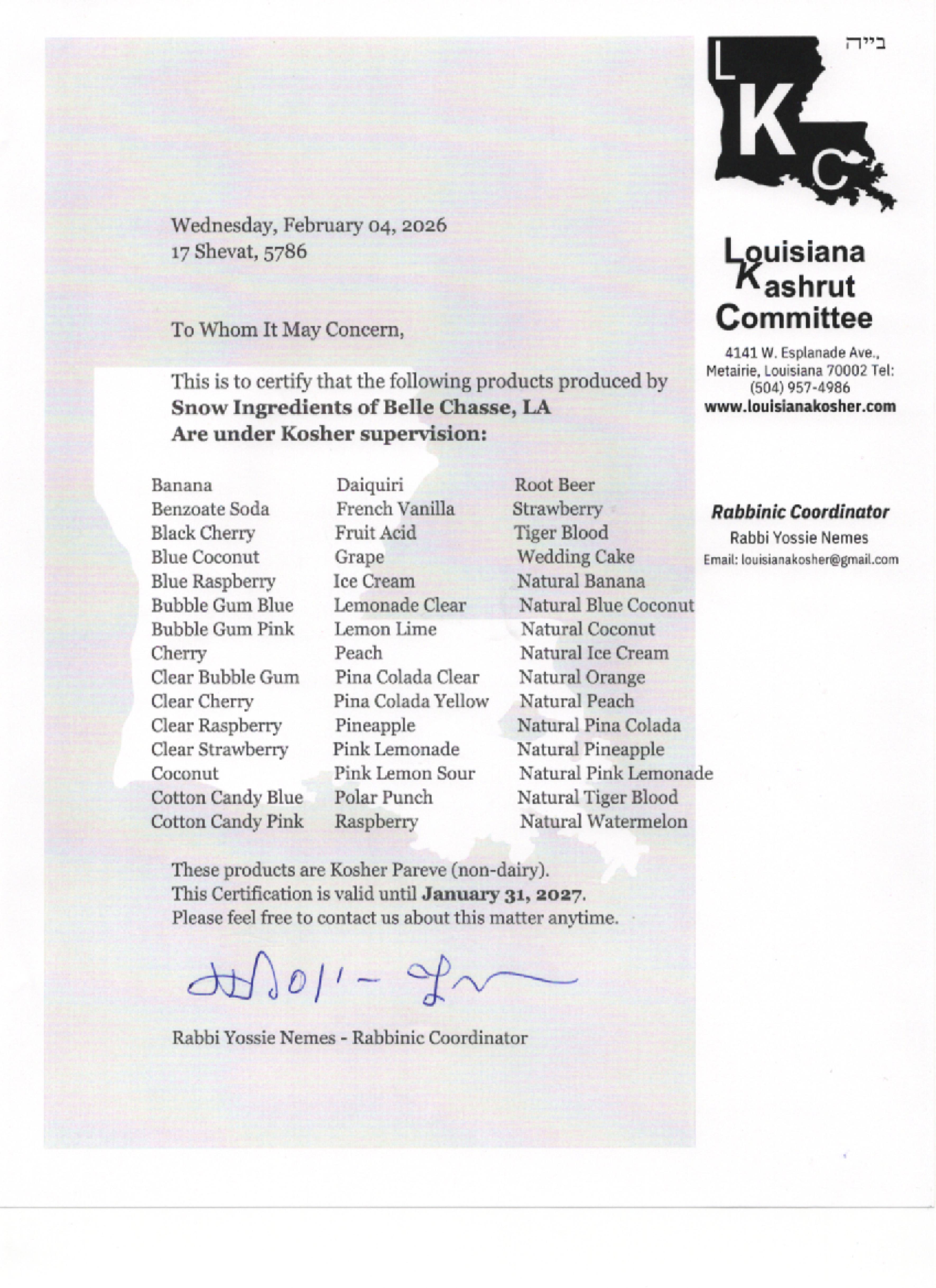 Southern Snow Syrup Kosher Certificate