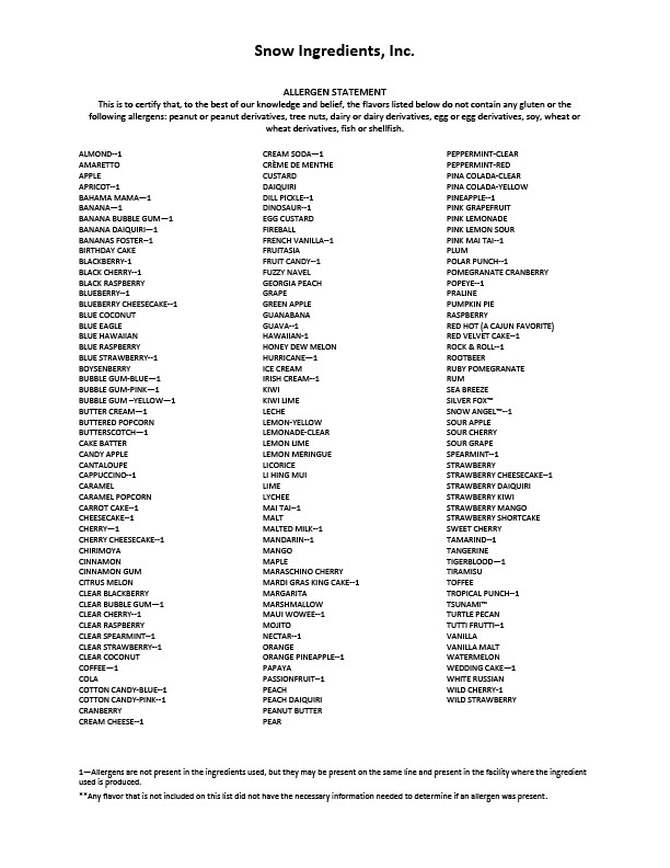 Southern Snow Allergen Statement